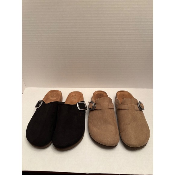 Time and Tru Shoes - Time and Tru Womens Comfort Clogs Bundle Black Tan Faux Suede Mules Size 6 Pair